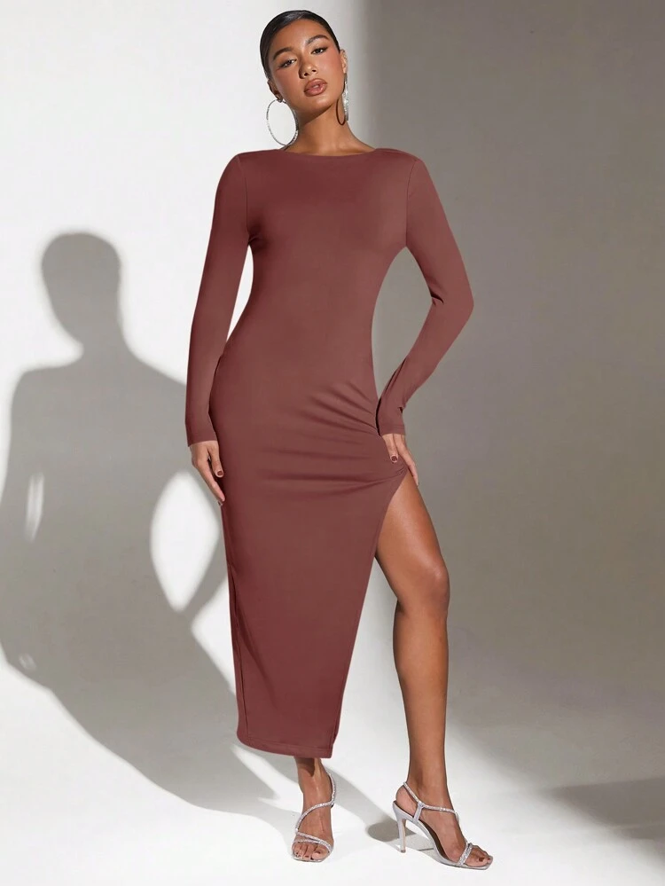 Solid Color Round Neck Slit Long Sleeve Dress