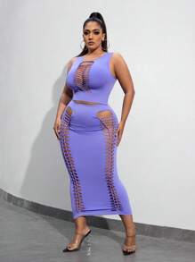 SHEIN SXY Ropa De Primavera Y Verano Sexy De Talla Grande Sin Costuras. Conjunto Tanque Recortado Con Detalles Recortados Y Falda De Cintura Alta