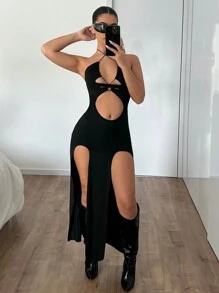 SHEIN ICON Đầm bodycon hở lưng buộc eo xẻ cao màu đen cho nữ, Đầm mùa hè cho nữ - màu đen - Xem 5
