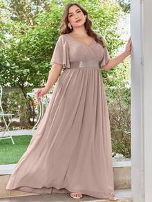UNITHORSE Plus Size Women's Bridesmaid Chiffon Dress With Ruched Chest And Flare Sleeve - Baby Pink - View 3