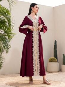 Al Najma 勃艮第红色女式长袖刺绣 V 领阿拉伯长裙 - 酒紅色 - 查看 7