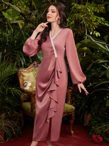 Modelyn Women's Patchwork Ruffle Hem Lantern Sleeve Dress Fall Cloth For Women - Pink - View 4