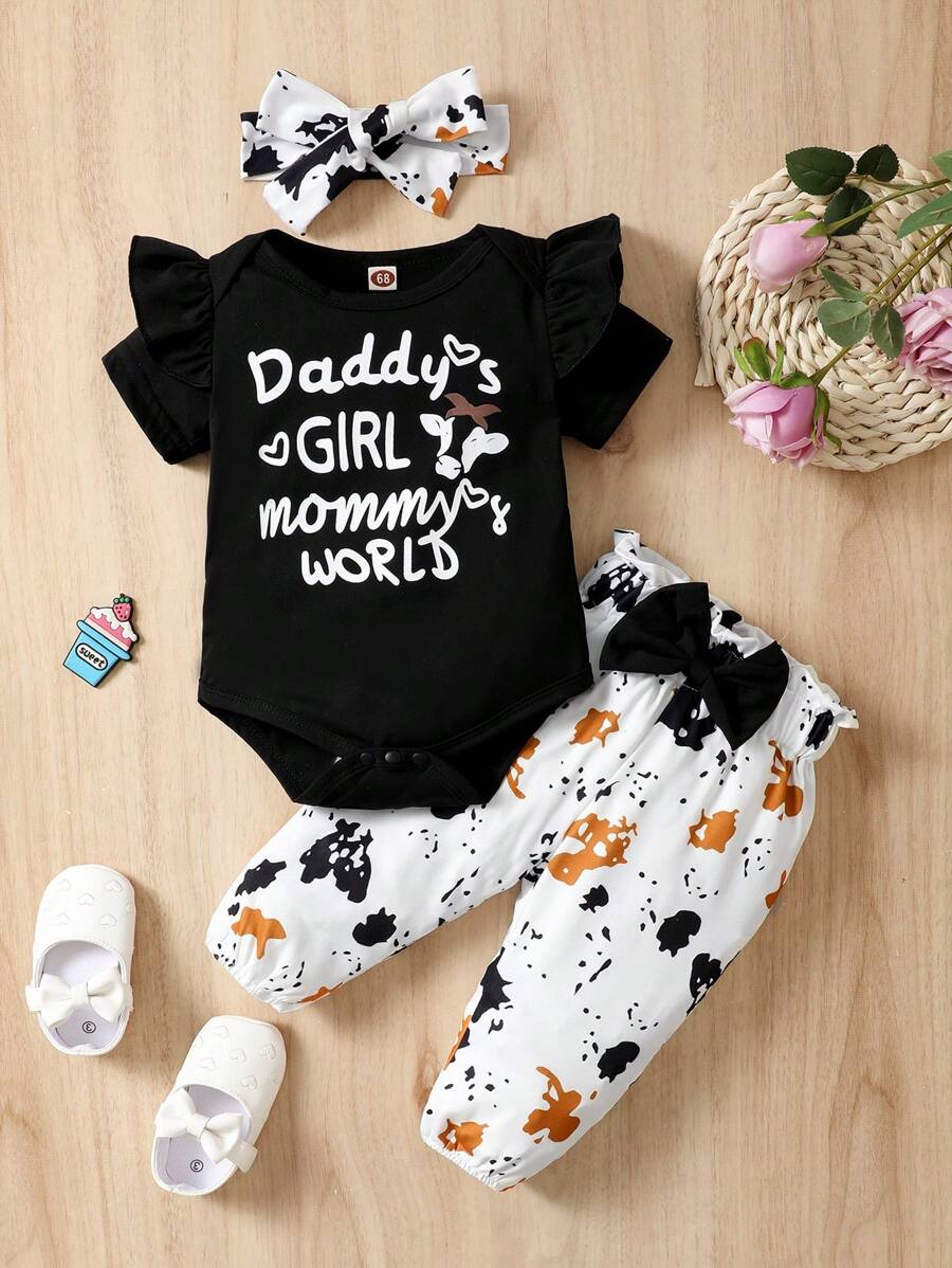 Baby Slogan Graphic Ruffle Trim Bodysuit & Graphic Print Bow Trousers - Black and White - View 1
