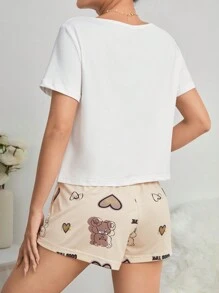 Women's Bear Print Top And Shorts Pyjama Set - Multicolor - View 2