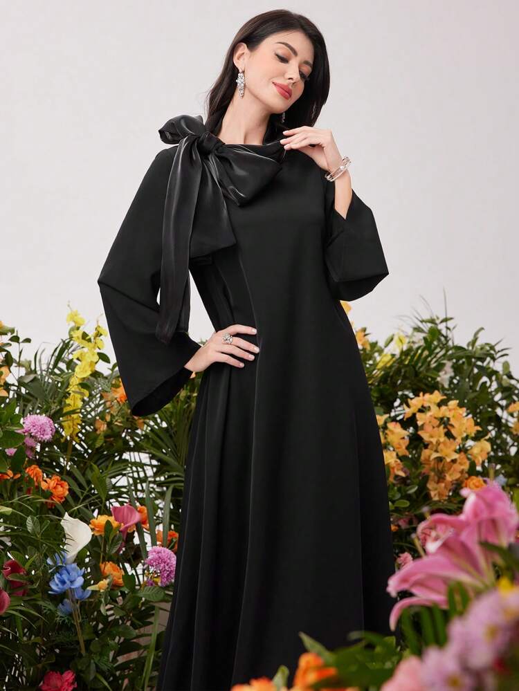 Arabic Style Dress With Flutter Sleeves And Bow Decorated Neckline
