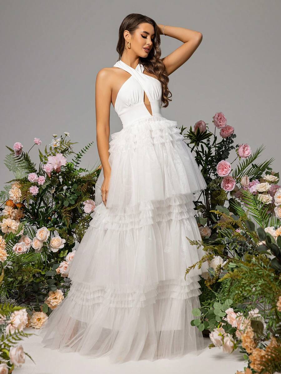 LOVE&LEMONADE Cross Halter Multi-Layer Tulle Hem Sleeveless Wedding Dress - White - View 1