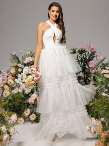 LOVE&LEMONADE Cross Halter Multi-Layer Tulle Hem Sleeveless Wedding Dress - White - View 5