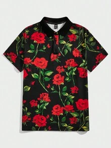 GENTILAND Men's Rose Printed Casual Shirt - Black - View 3