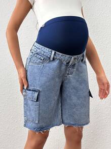SHEIN Maternity Cargo Denim Shorts With Pockets - Light Wash - View 4