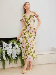 MOTF PREMIUM Vestido Estampado De Flores Con Ribete De Volantes Tejido - Multicolor - Ver 10