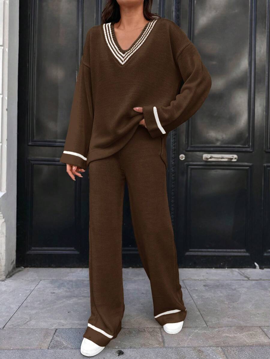 EURMUSE Striped Trim V-Neck Drop Shoulder Sweater And Pants Set - Multicolor - View 1