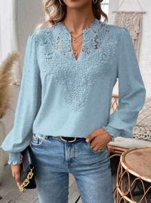 EMERY ROSE Women's Lace Spliced Lantern Sleeve Shirt Fall Cloth For Women - Blue - View 6