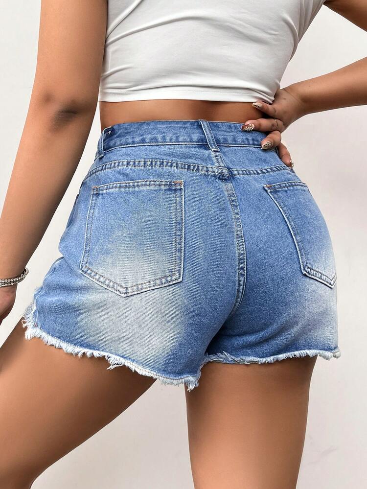 Asymmetrical Waist Water Wash Ripped Denim Shorts
