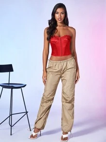 SHEIN BAE Lace Patchwork Women's Bustier Top With Button Fastening - Red - View 3