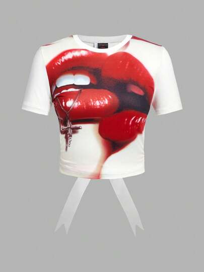 Grunge Punk Punk Street Style Sexy Lips Printed Backless Bow Knot Crop Tee For Women, Suitable For Music Festivals, School