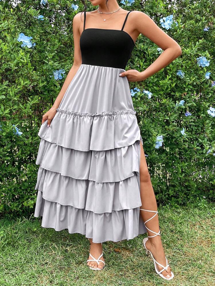 Two Tone Layered Ruffle Hem Cami Dress