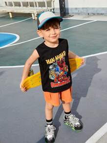 SHEIN Young Boy Leisure Cartoon Animal & Letter Printed Round Neck Tank Top