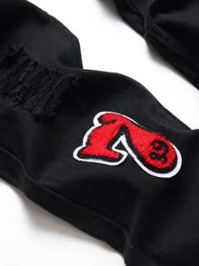Men Letter Patch Detail Ripped Jeans Without Belt - Black - View 6