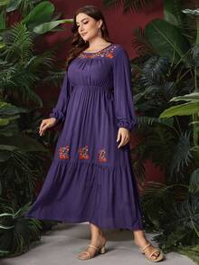 Mulvari Plus Size Women's Floral Embroidery Lantern Sleeve Dress - Purple - View 3