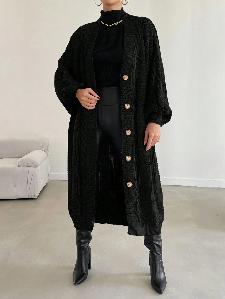 EURMUSE Ladies' Solid Color Lantern Sleeve Cardigan - Black - View 1