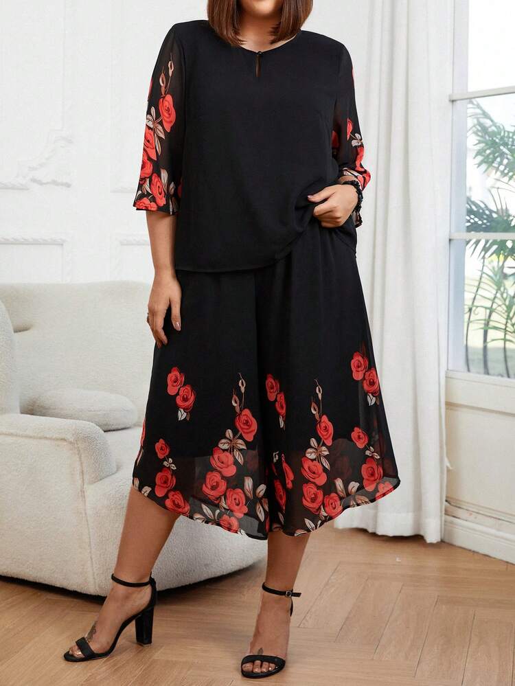 Plus Size Floral Printed Two Piece Set