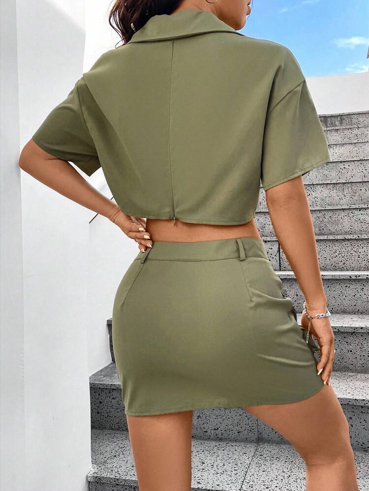 Women's Short Sleeve Twisted Knot Front Shirt With Skirt