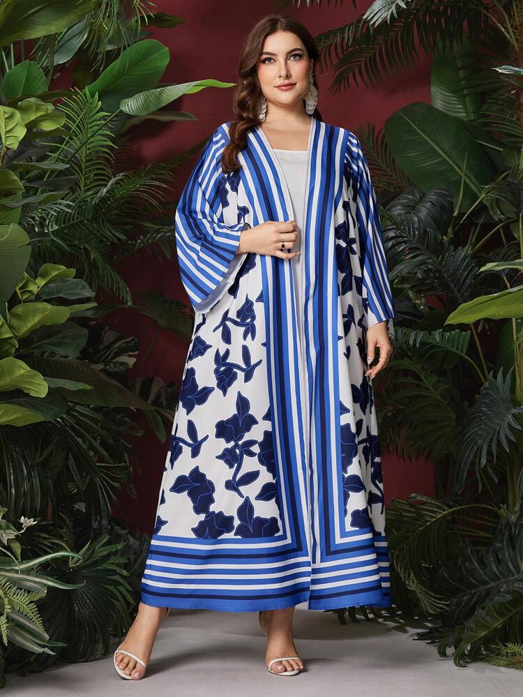 Floral & Striped Pattern Plus Size Abaya With Long Sleeves + Sleeveless Dress (2pcs/Set) Fall Cloth For Women