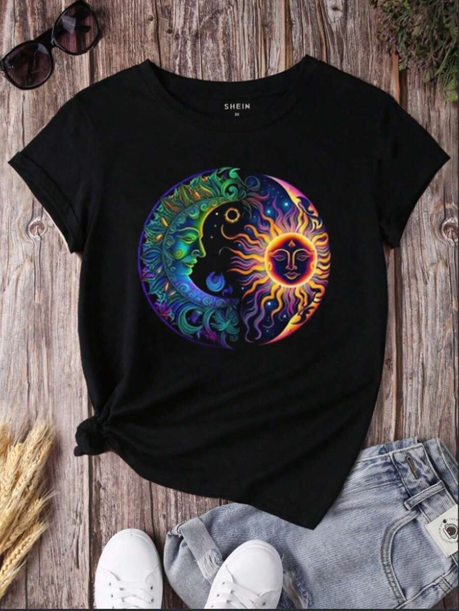 SHEIN 大码太阳和月亮印花圆领 T 恤图案 T 恤女式上衣 - 黑色 - 查看 1