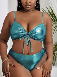 SHEIN Swim Curve Bộ bikini ánh kim cỡ lớn đi biển mùa hè (3 chiếc) - Màu xanh nhạt - Xem 5