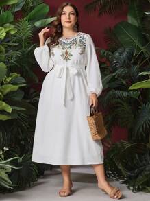 Al Najma Plus Size Floral Embroidery Lantern Sleeve Dress Fall Cloth For Women - White - View 3
