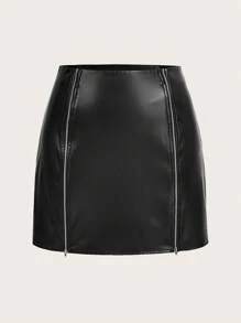 SHEIN EZwear Plus Size Front Zipper Pu Leather Skirt - Black - View 1