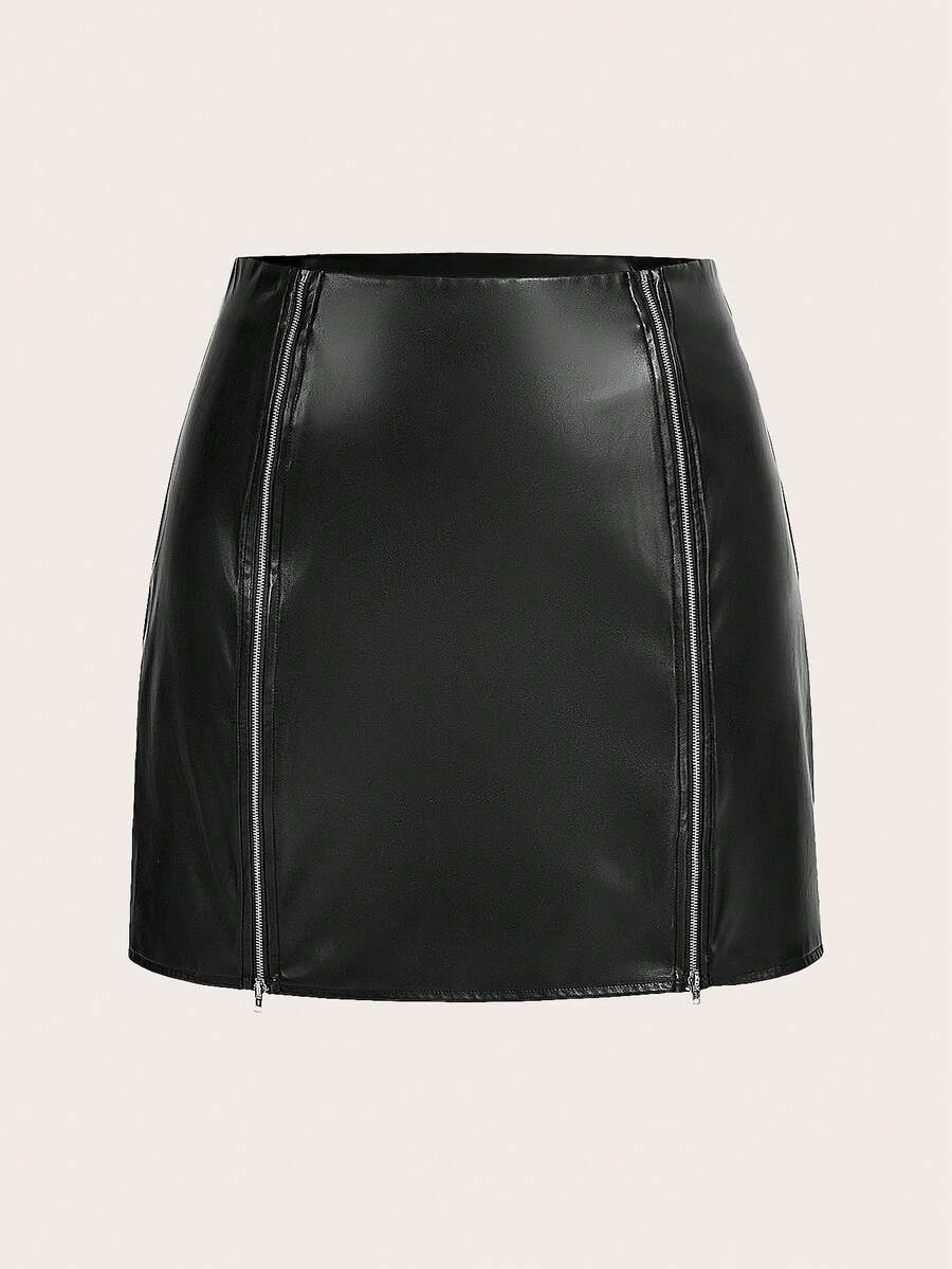 SHEIN EZwear Plus Size Front Zipper Pu Leather Skirt - Black - View 1