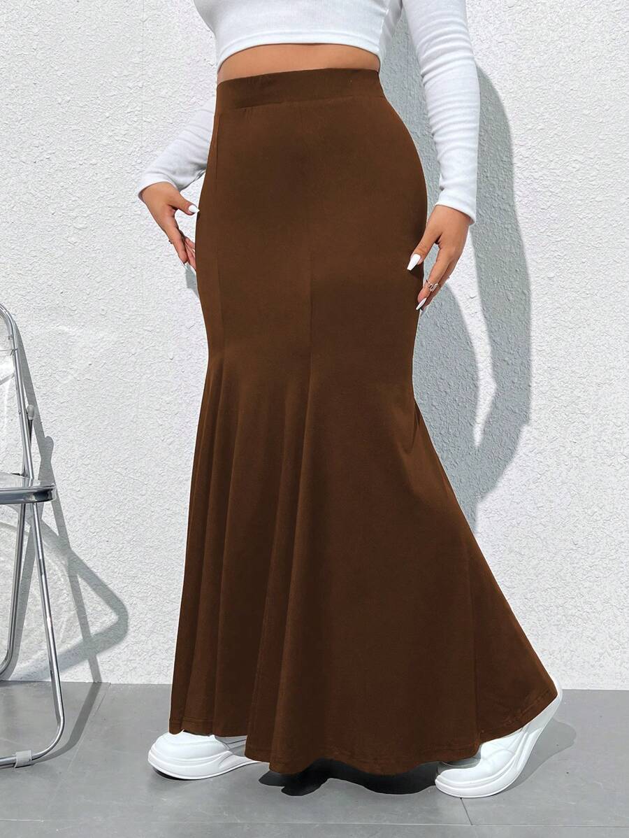 SHEIN EZwear 大尺碼純色人魚裙 - 棕色 - 查看 1