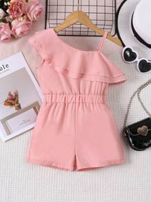 SHEIN 年轻女孩不对称肩部和腰带设计连身裤 - 粉色 - 查看 5