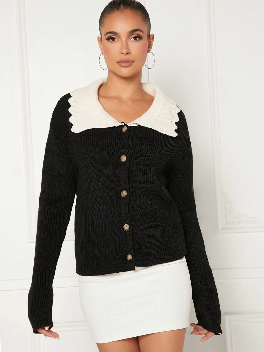Hauture Áo len cardigan cài nút cổ màu tương phản tối giản giản dị - Nhiều màu - Xem 1
