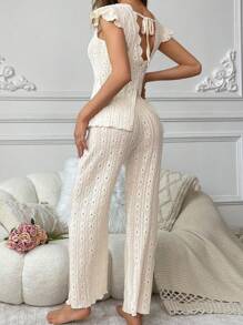 SHEIN 女士睡衣套裝,背面蕾絲裝飾,露背繫帶設計 - 杏色 - 查看 4