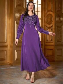 Women's Solid Color Round Neck Elegant Long Sleeve Maxi Arabic Dress With Rhinestone, Pearl Beading, Waist Tie Design, Soft & Comfortable, Suitable For Festivals, Daily Wear, Casual - Purple - View 4