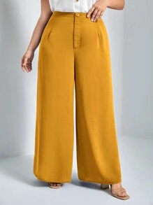 SHEIN Essnce Plus Size Solid Color Wide Leg Casual Pants - Yellow - View 1