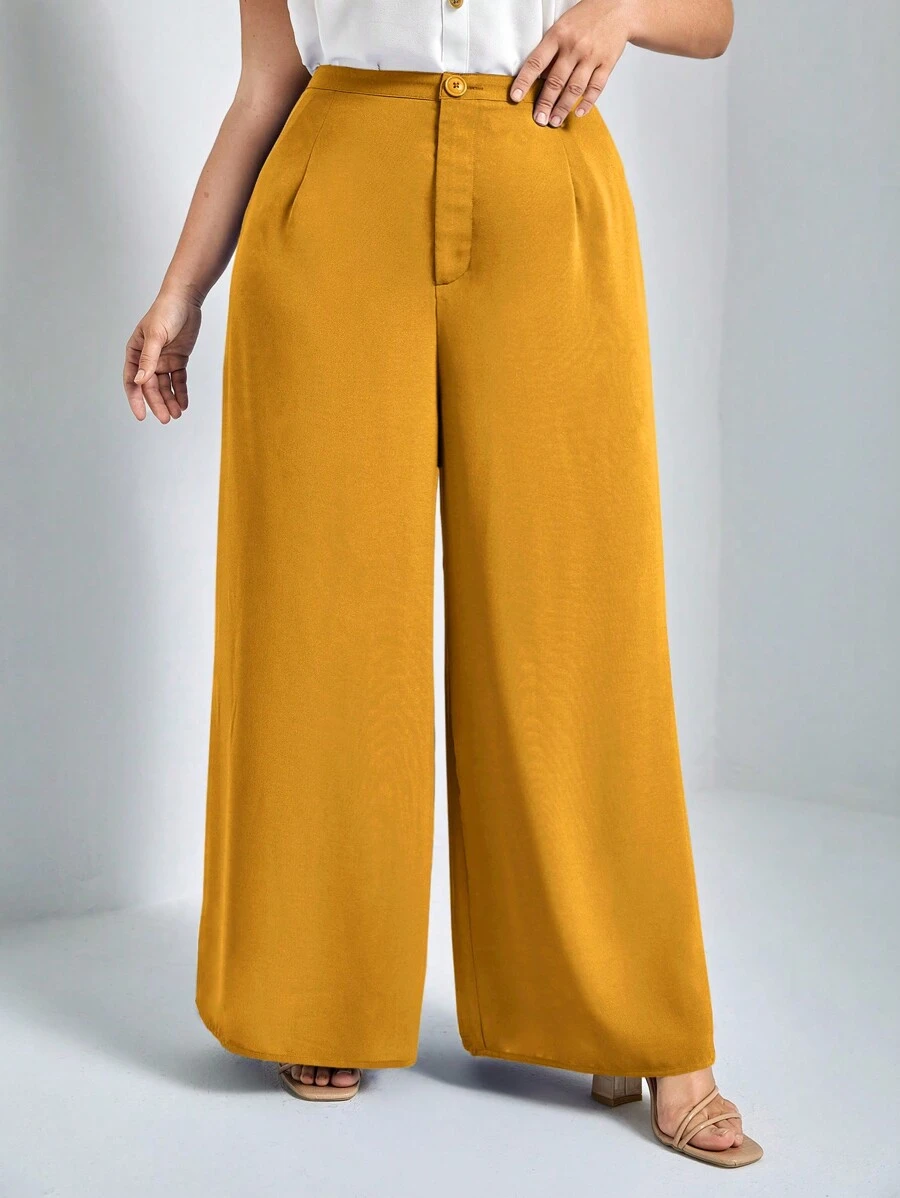 SHEIN Essnce Plus Size Solid Color Wide Leg Casual Pants - Yellow - View 1