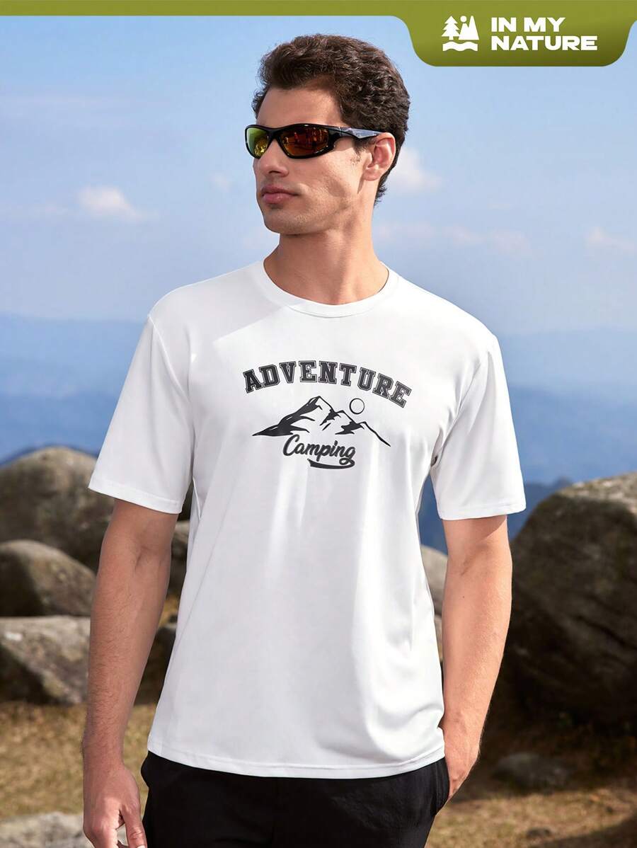 SHEIN In My Nature Men's Outdoor Short-Sleeve T-Shirt With Mountain Print Design - White - View 1