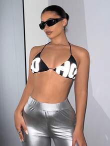 SHEIN ICON Y2k夏季反光字母印花三角胸衣頸掛式短款女式上衣 - 黑色 - 查看 4