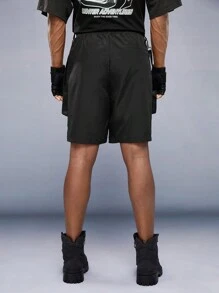 Manfinity VCAY Loose Men's Drawstring Waist Cargo Shorts With Flap Pocket And Tape Decoration - Black - View 2