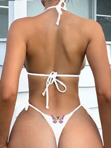 Swim Mod Summer Beach Ladies' Butterfly Applique Halterneck Bikini Set Music Festival