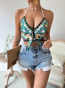 SHEIN Allurite Của phụ nữ In Nút phía trước Áo ba lỗ Áo - Nhiều màu - Xem 4