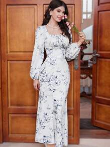 Modelyn 女性花卉印花燈籠袖上衣和人魚裙擺兩件套裝 - 藍色 - 查看 7