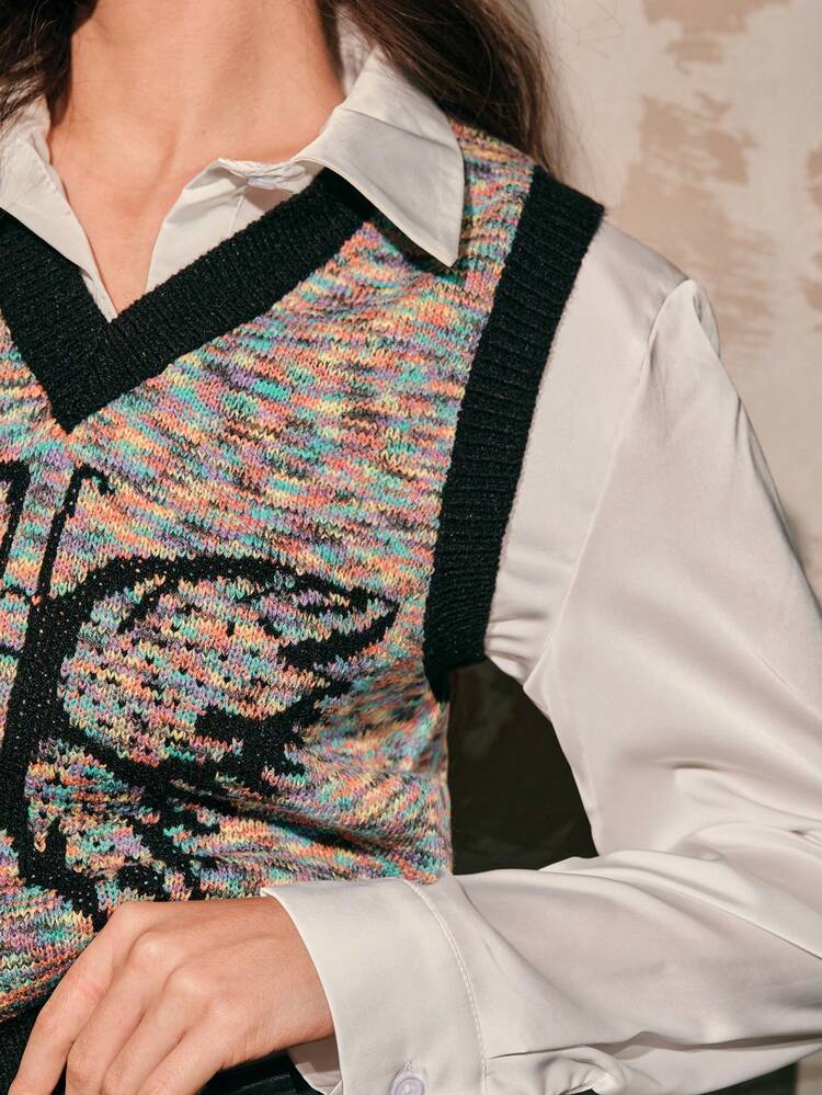 1pc Butterfly Patterned Dip Dye V-Neck Knitted Sweater Vest