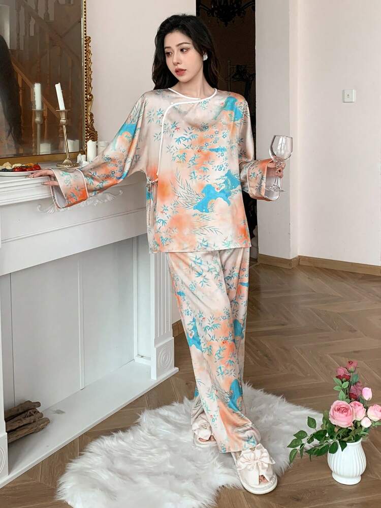 Chinese Style Contrast Piping Printed Pajama Set