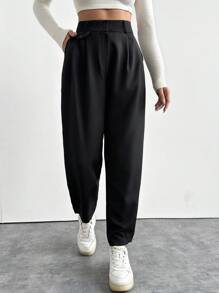 EURMUSE Solid Slant Pocket Suit Trousers - Black - View 1