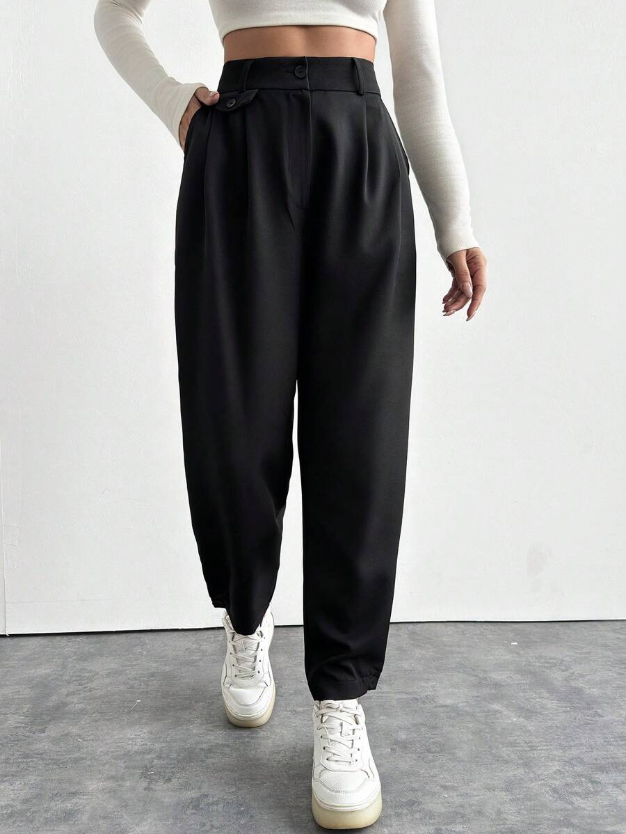 EURMUSE Solid Slant Pocket Suit Trousers - Black - View 1