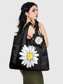 ROMWE Fairycore 2pcs Daisy Cartoon Pattern Large Capacity Storage Bag, Foldable Shopping Tote With Coin Purse - Multicolor - View 2